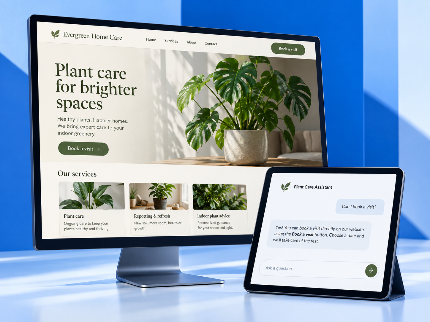 Illustrative business website and AI assistant displayed on a desktop monitor and tablet